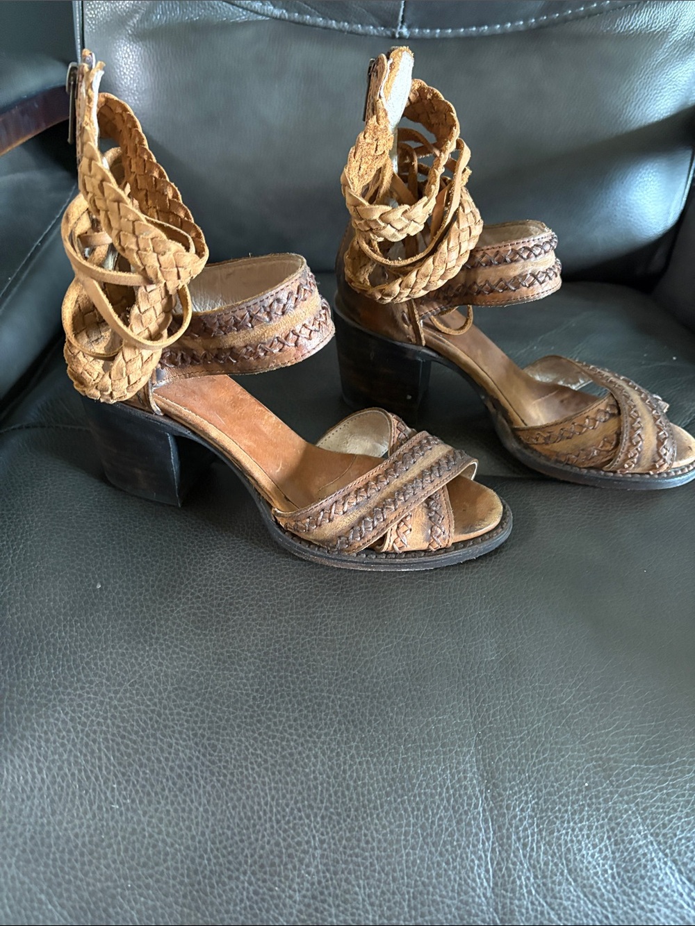 Freebird by Steven Braided Tan Leather Wrap-Heel Sandals - Picture 2 of 3